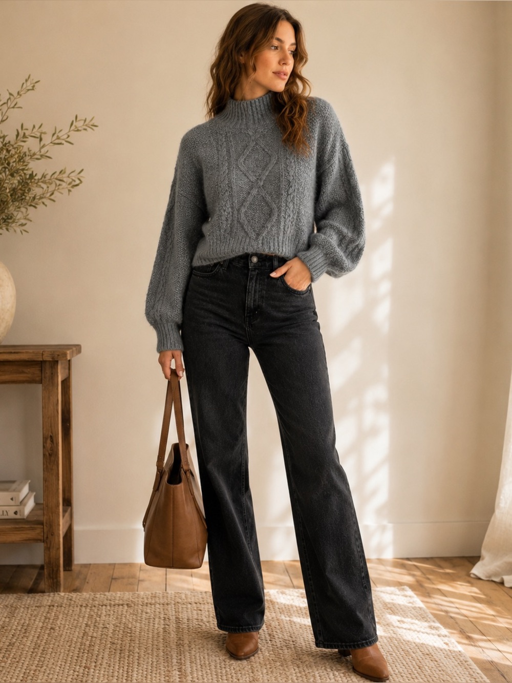Cable Knit Mock Neck Sweater Balloon Sleeve Gray Cozy Scandi NWT